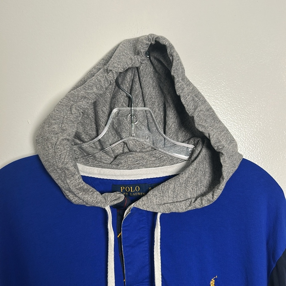 Polo Ralph Lauren Men’s Graphic Print Rugby Hoodie Royal Blue Striped Sleeves XL - Picture 8 of 15